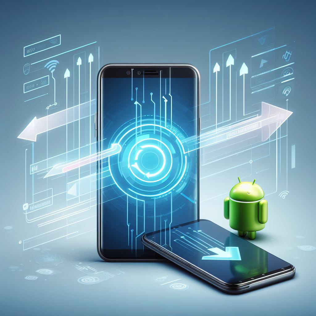 Android smartphone and an iPhone with arrows indicating data transfer.