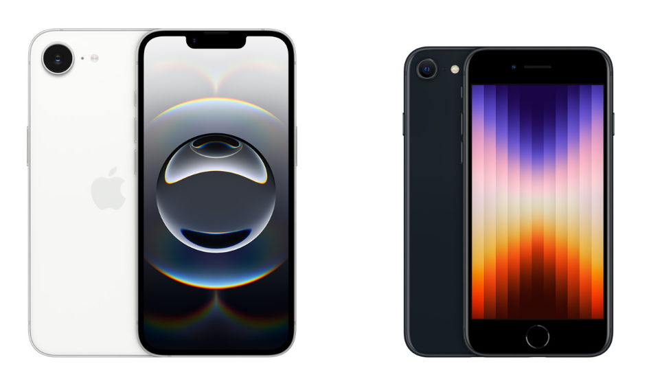 Den nyligen släppta iPhone 16e bredvid sin föregångare - iPhone SE 3:e generationen.