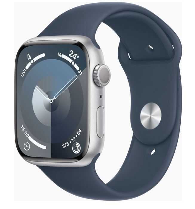 Apple Watch Series 9 Aluminium 45 mm 2023 GPS silber Sportarmband Sturmblau M L 330 jetzt 30 Tage Ruckgaberecht